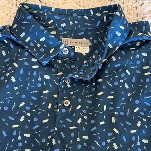 PGA Tour Men’s Dark Blue Golf Polo with Light Blue and Cream Grill Print